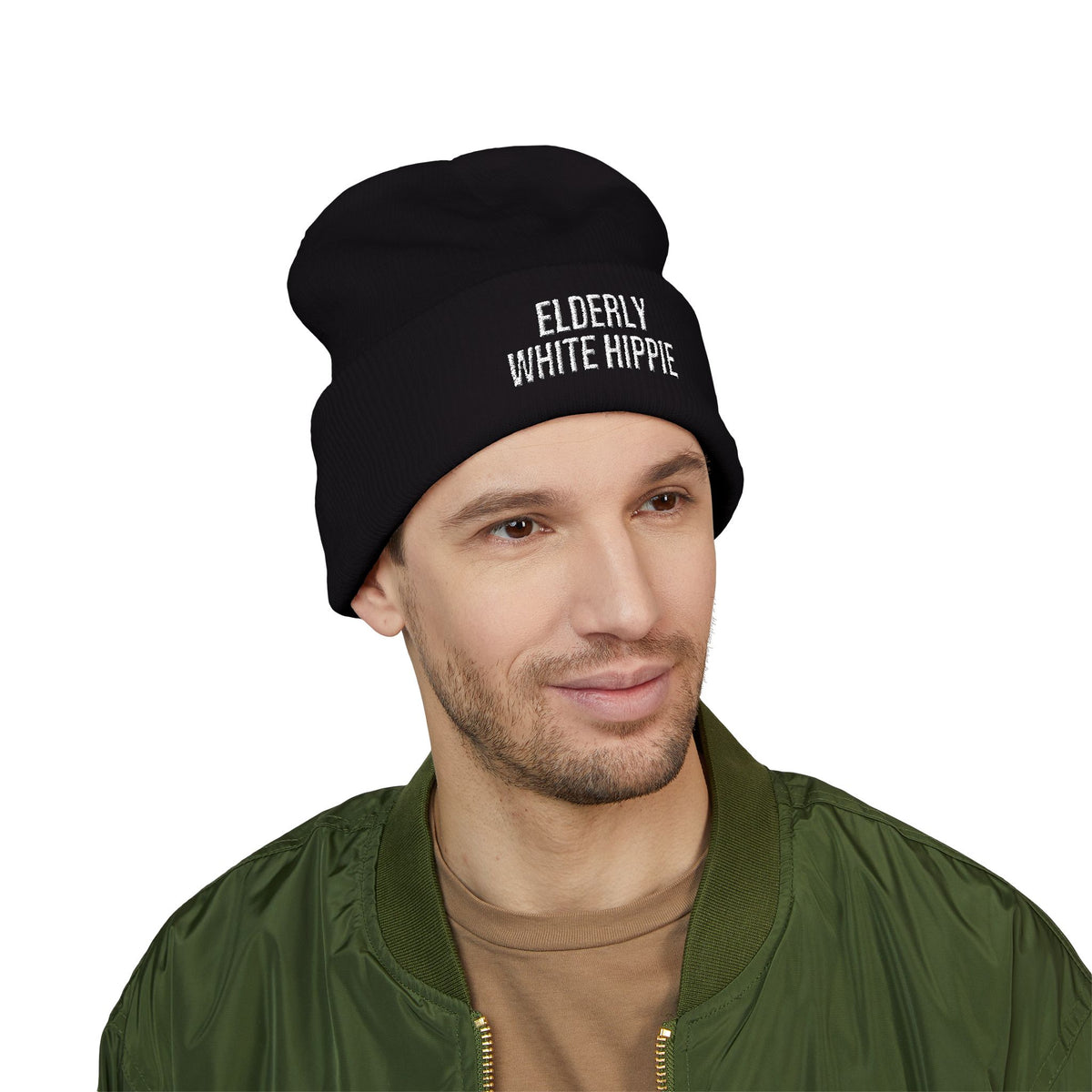 ELDERLY WHITE HIPPIE EMBROIDERED CUFFED BEANIE