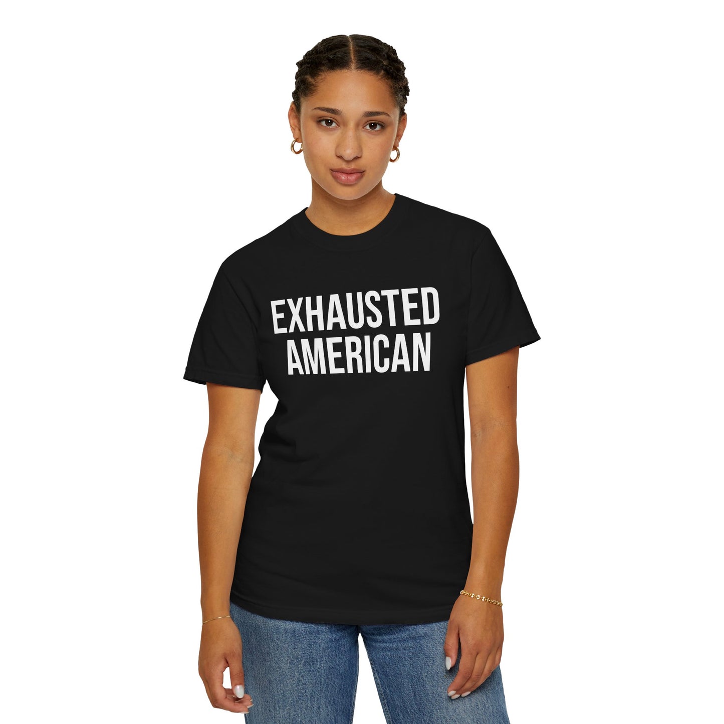 EXHAUSTED AMERICAN ALL-GENDER TEE